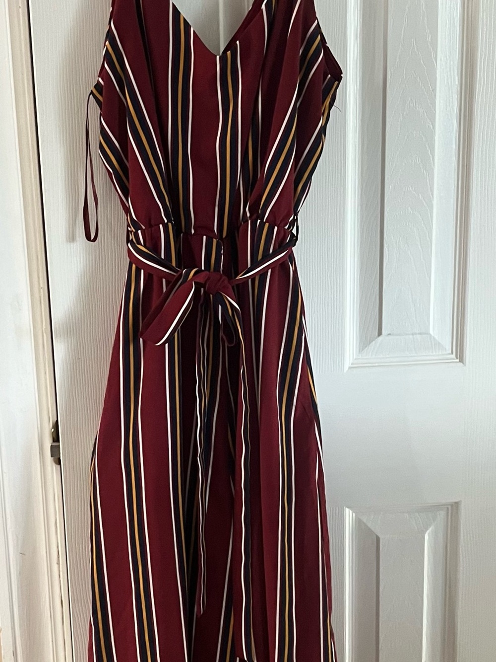 Women’s Burgundy Striped V-Neck jump suit with Waist Tie